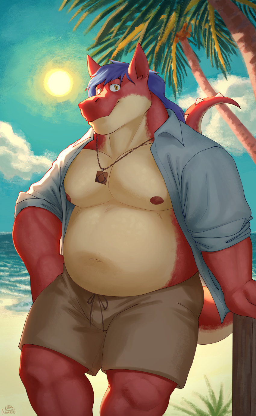 absurd_res anthro beach belly blue_hair chubby_anthro chubby_male clothed clothing dragon hair hi_res male nipples nude outside overweight overweight_male red_dragon relaxing sand scales seaside shibacream shirt sky slightly_chubby smile solo summer sun surokoida tail topwear water