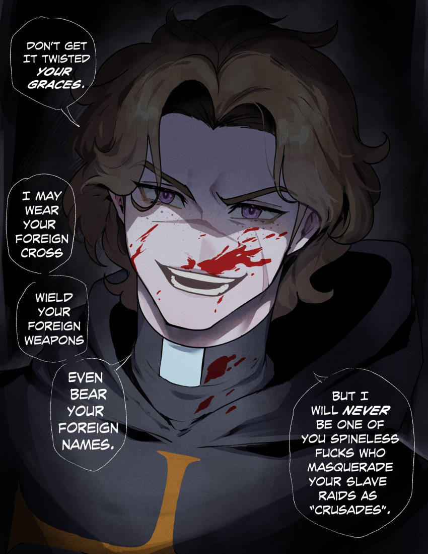 1boy angry blood blood_on_face brown_hair cole_(nyantcha) commentary dark_background english_commentary english_text excessive_nosebleed highres hood hood_down male_focus nosebleed nyantcha open_mouth original purple_eyes scar scar_on_chest scar_on_face smile solo