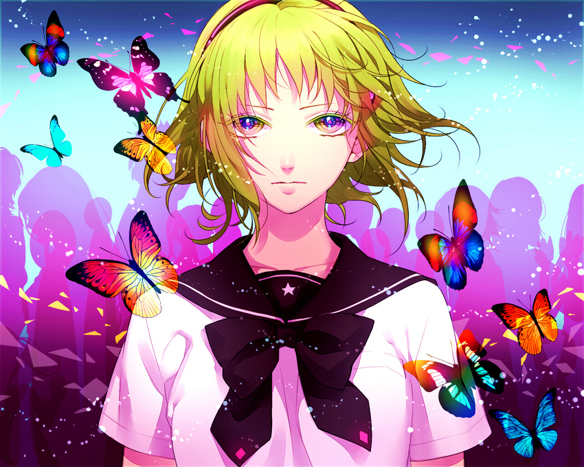 bad_id bad_pixiv_id bug butterfly green_eyes green_hair gumi hairband insect kazari_tayu looking_at_viewer sailor_collar short_hair solo upper_body vocaloid