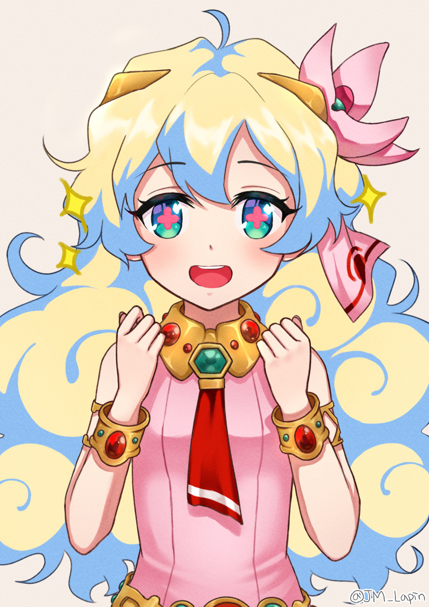 1girl :d armlet blonde_hair blue_hair bracelet curly_hair dress highres jewelry jm_lapin long_hair looking_at_viewer multicolored_hair necktie nia_teppelin open_mouth pink_dress red_necktie sleeveless sleeveless_dress smile solo teeth tengen_toppa_gurren_lagann twitter_username two-tone_hair upper_body upper_teeth_only white_background