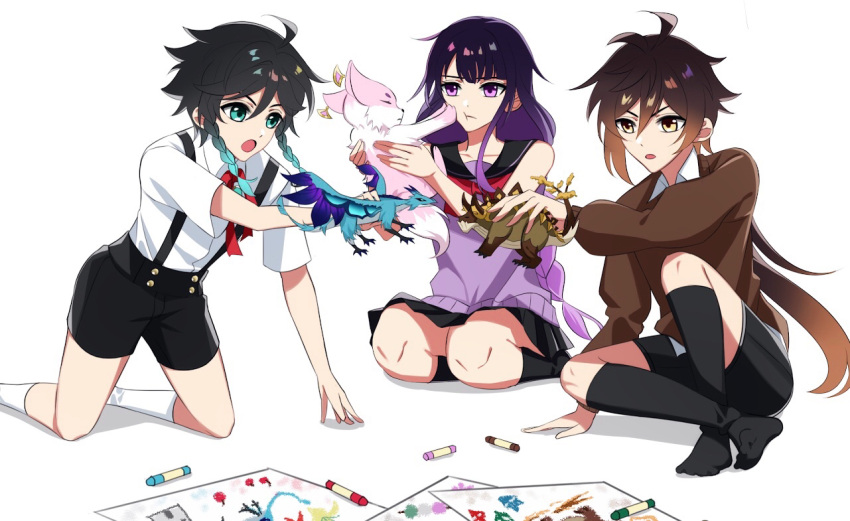 1girl 2boys aqua_eyes aqua_hair black_hair black_shorts black_skirt black_socks braid breasts brown_hair brown_sweater crayon dvalin_(genshin_impact) fox genshin_impact gradient_hair hair_between_eyes koushuiba long_hair long_sleeves multicolored_hair multiple_boys open_mouth paper purple_eyes purple_hair purple_shirt raiden_shogun school_uniform shirt shorts skirt small_breasts socks stuffed_animal stuffed_dragon stuffed_toy sweater twin_braids venti_(genshin_impact) white_background white_shirt white_socks yae_miko yae_miko_(fox) yellow_eyes zhongli_(genshin_impact)