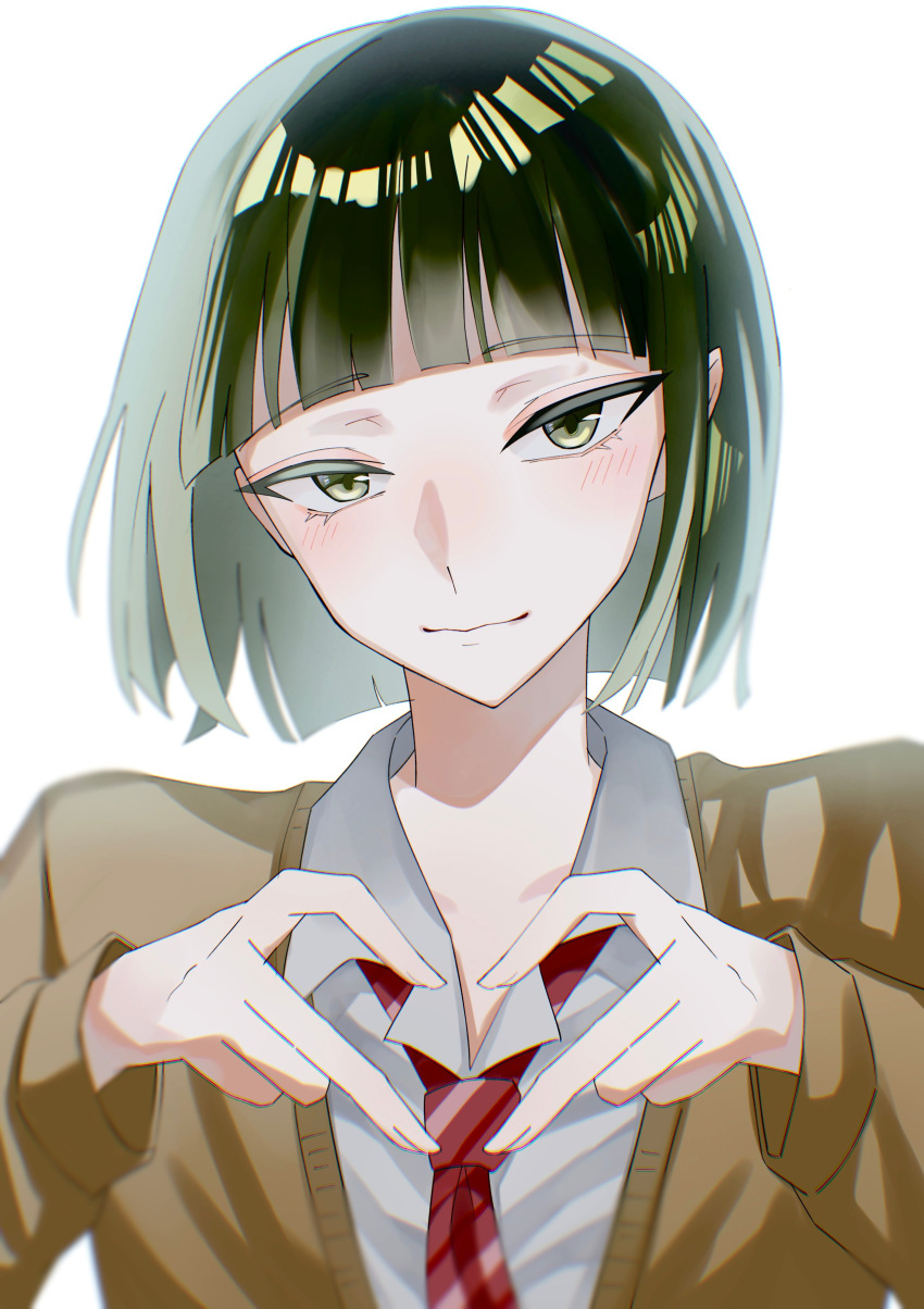 1boy absurdres blush bob_cut brown_cardigan cardigan closed_mouth collared_shirt commentary dress_shirt green_eyes green_hair grey_background haku_(sen_to_chihiro_no_kamikakushi) heart heart_hands highres long_sleeves male_focus necktie red_necktie school_uniform sen_to_chihiro_no_kamikakushi shirt short_hair simple_background solo tsukuno_tsuki white_shirt