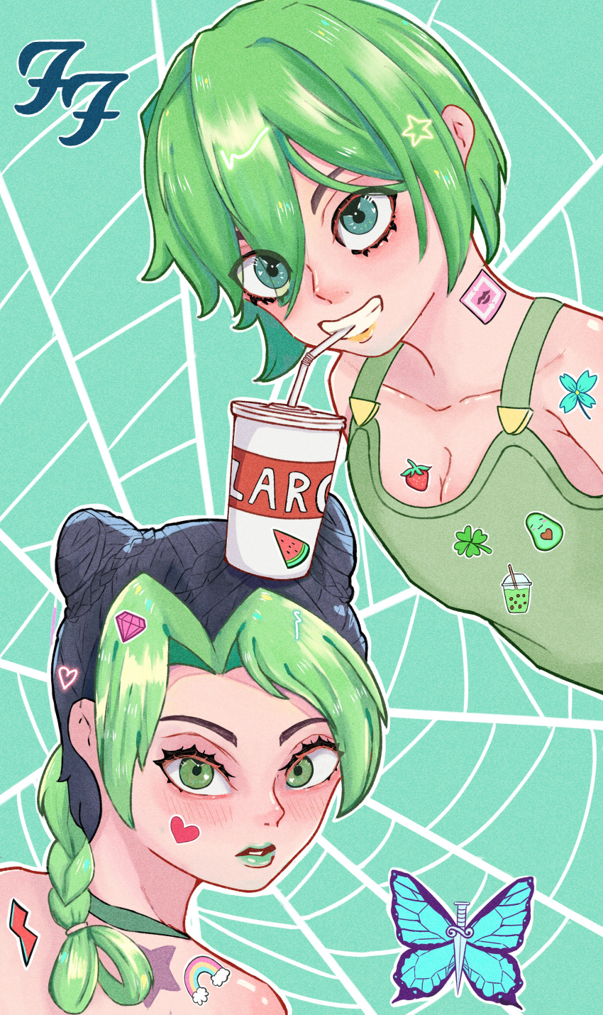 2girls absurdres black_hair breasts cleavage drinking_straw foo_fighters green_eyes green_hair green_lips hair_bun highres jellyfrog2812 jojo_no_kimyou_na_bouken kujo_jolyne lipstick makeup multicolored_hair multiple_girls overalls short_hair silk spider_web sticker sticker_on_face stone_ocean two-tone_hair