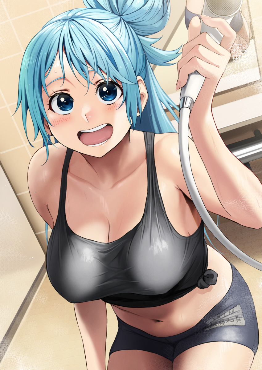 1girl aqua_(konosuba) bathroom black_shirt blue_eyes blue_hair blue_shorts blush breasts cleavage commentary_request highres holding holding_shower_head indoors izawa_(bhive003) kono_subarashii_sekai_ni_shukufuku_wo! large_breasts long_hair looking_at_viewer midriff navel open_mouth revision shirt short_shorts shorts shower_head single_hair_ring sitting smile solo teeth tied_shirt