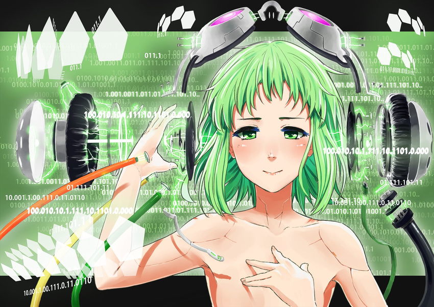 bad_id bad_pixiv_id binary blush cable collarbone green_eyes green_hair gumi hands_on_own_chest headphones highres nude omaru_gyuunyuu short_hair smile solo vocaloid