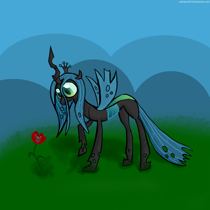 blue_hair changeling equine female feral flower friendship_is_magic grass green_eyes hair horn horse my_little_pony pony queen_chrysalis_(mlp) salvadordl solo wings