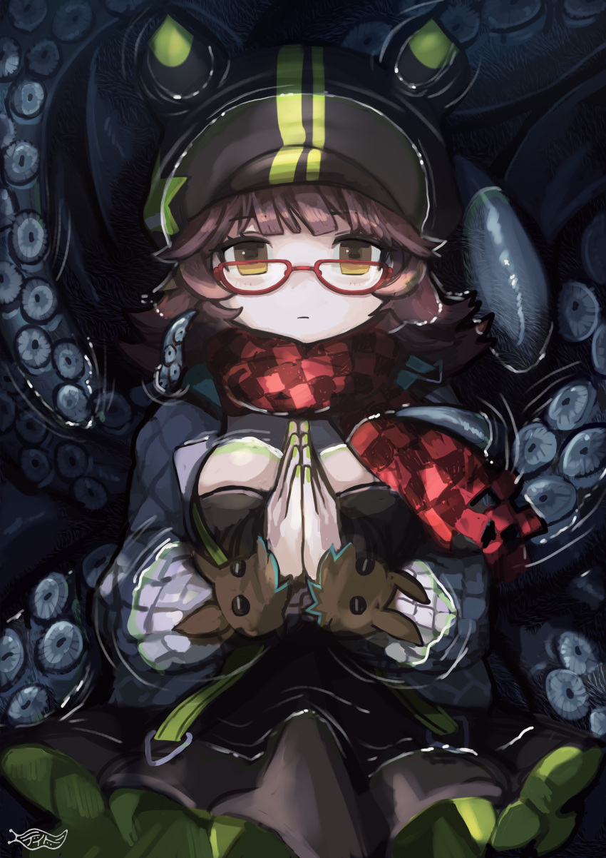 1girl absurdres arknights artist_logo black_dress breasts brown_hair buchi0122 checkered_clothes checkered_scarf cowboy_shot deepcolor_(arknights) dress glasses green_nails highres jacket large_breasts long_sleeves looking_at_viewer lying medium_hair on_back open_clothes open_jacket own_hands_together partially_submerged red-framed_eyewear red_scarf scarf solo tentacles two-sided_dress two-sided_fabric white_jacket yellow_eyes