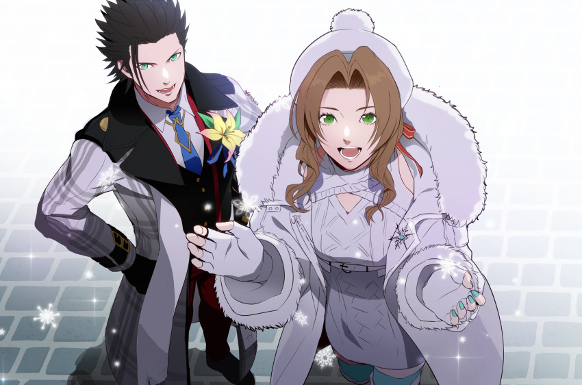 1boy 1girl absurdres aerith_gainsborough aerith_gainsborough_(fairy_of_snowfall) black_hair brown_hair coat corsage final_fantasy final_fantasy_vii final_fantasy_vii_ever_crisis fingerless_gloves gloves green_eyes hat highres igusaharu long_coat necktie official_alternate_costume open_mouth smile snowflakes snowing spiked_hair suit winter_clothes winter_coat zack_fair zack_fair_(holiday_suit)