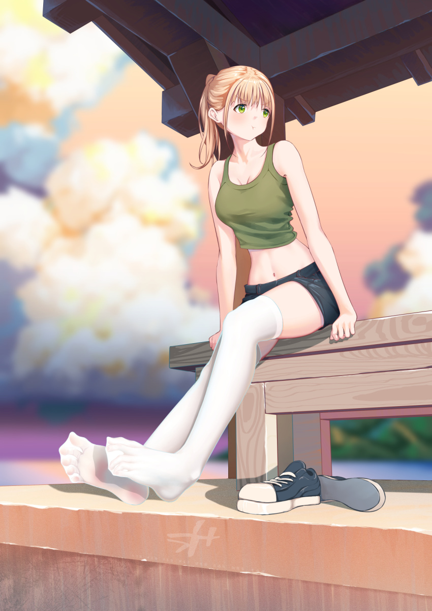 1girl bare_shoulders blonde_hair blue_footwear blue_shorts blurry blurry_background breasts cleavage cloud cloudy_sky collarbone crop_top eyelashes feet foreshortening full_body gradient_sky green_eyes green_tank_top highres large_breasts legs midriff navel no_shoes on_bench original outdoors ponytail pout shoes short_shorts shorts sidelocks sitting sky sneakers soles solo spread_toes tank_top thighhighs toenails toes unworn_shoes wcks0774 white_footwear white_thighhighs
