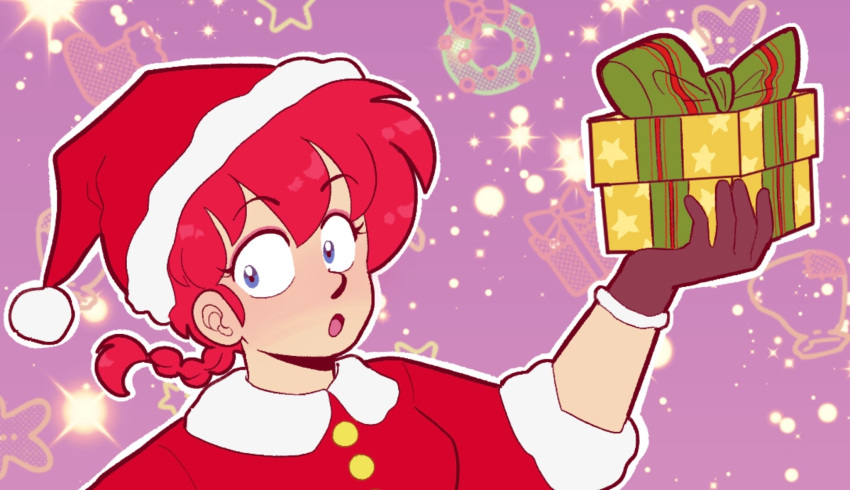 1girl ask-ranma-and-ryoga blue_eyes bow braid braided_ponytail breasts christmas gloves green_bow hair_between_eyes hat highres makeup open_mouth pink_background ranma-chan ranma_1/2 red_hair santa_hat solo upper_body