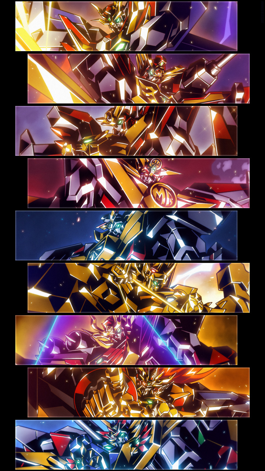 absurdres armor babamba fire_j-decker full_armor gattai genesic_gaogaigar glowing glowing_eyes great_baan_gaan great_da-garn_gx great_exkaiser great_fighbird great_goldran great_might_gaine_perfect_mode highres holding holding_weapon mecha no_humans robot shoulder_cannon sunrise_(company) super_fire_dagwon super_robot sword v-fin weapon