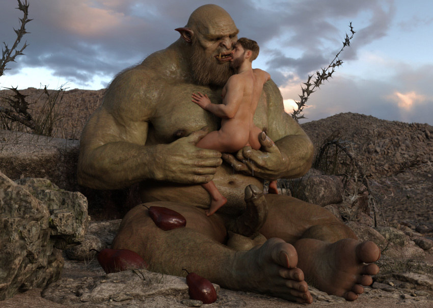 3d_(artwork) anal anal_fingering balls biceps butt digital_media_(artwork) duo fingering genitals hi_res human humanoid humanoid_pointy_ears kiss_on_lips lex-icon lube male male/male mammal musclegut natural_lube nipples ogre penis size_difference vein veiny_penis