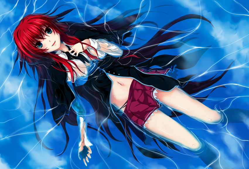 1girl blue_eyes high_school_dxd long_hair lying navel necktie panties partially_submerged red_hair rias_gremory school_uniform smile solo underwear water wet wet_clothes