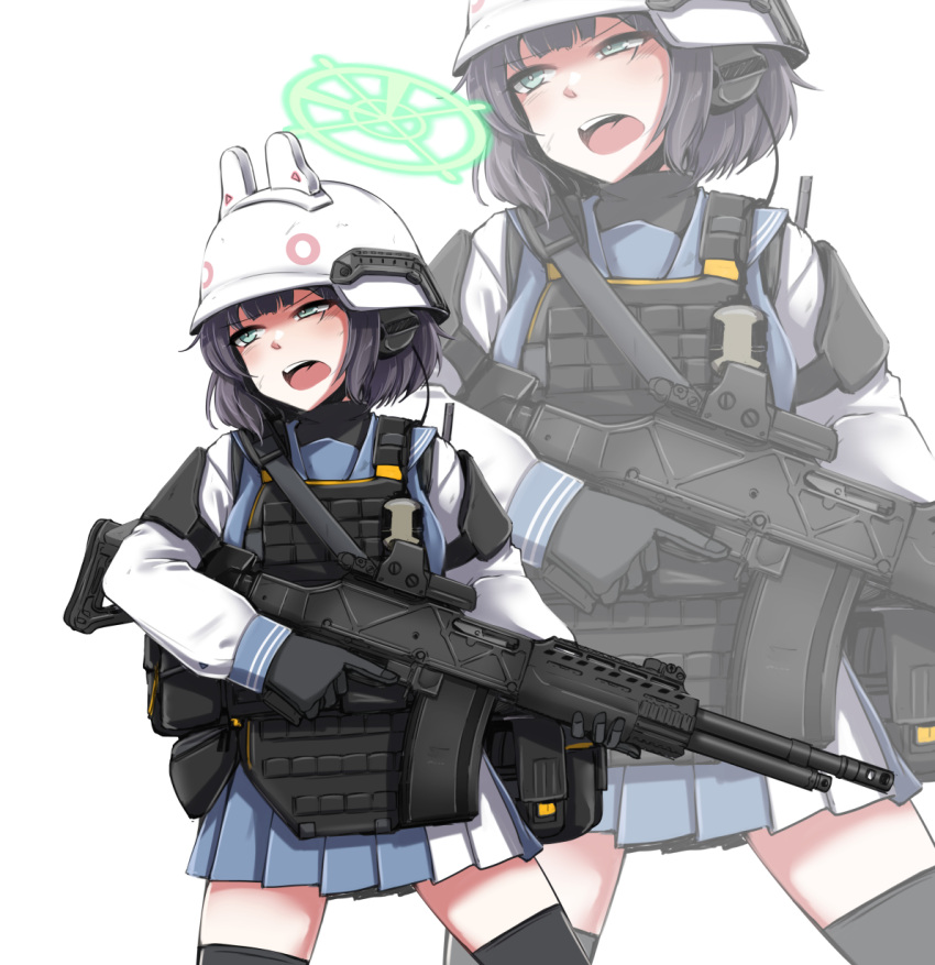 1girl battle_rifle black_gloves blue_archive blue_skirt bulletproof_vest combat_helmet commentary_request gloves green_eyes gun helmet highres ohio_ordnance_hcar open_mouth purple_hair rifle saki_(blue_archive) school_uniform sekino_takehiro shirt short_hair skirt solo trigger_discipline weapon white_background white_headwear white_shirt zoom_layer