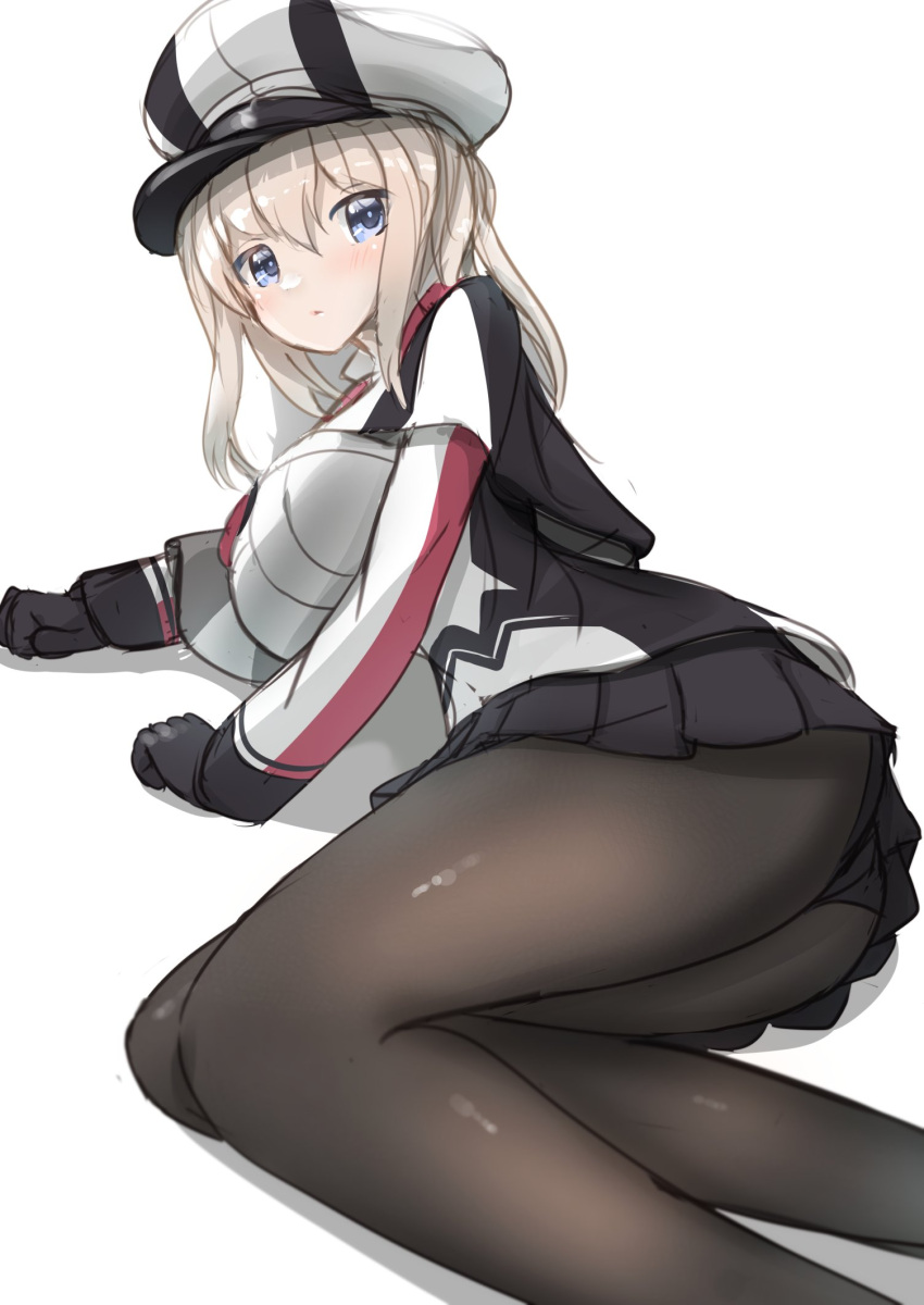 1girl black_pantyhose black_skirt blonde_hair breasts capelet feet_out_of_frame graf_zeppelin_(kancolle) grey_eyes hair_between_eyes hat highres kantai_collection large_breasts lying military_hat military_uniform miniskirt on_side one-hour_drawing_challenge panties panties_under_pantyhose pantyhose peaked_cap redundant-cat sidelocks simple_background skirt solo twintails underwear uniform white_background