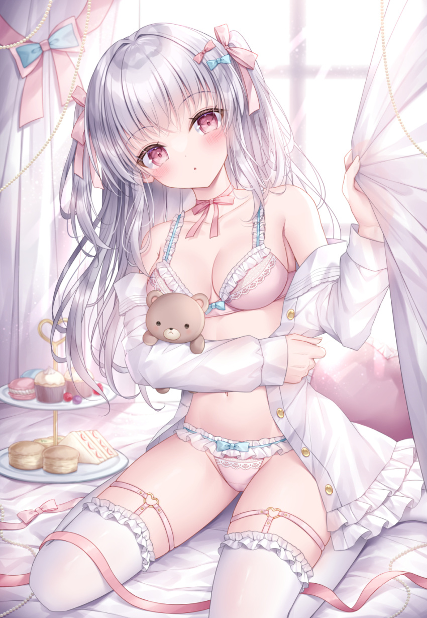 1girl :o bare_shoulders blue_bow blurry blurry_background blush bow bow_bra bow_panties bra breasts collarbone collared_shirt commentary_request cupcake curtain_grab curtains day depth_of_field dress_shirt food frilled_pillow frilled_shirt frilled_thighhighs frills fruit grey_hair hair_bow hand_up head_tilt heart heart_pillow highres kohinata_hoshimi long_hair looking_at_viewer macaron medium_breasts navel off_shoulder open_clothes open_shirt original panties parted_lips pillow pink_bow pink_bra pink_panties red_eyes shirt sitting solo strawberry stuffed_animal stuffed_toy sunlight teddy_bear thighhighs tiered_tray two_side_up underwear very_long_hair wariza white_shirt white_thighhighs window