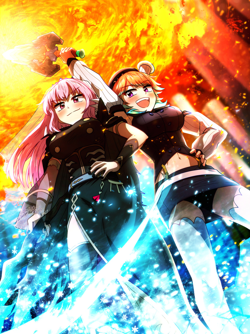 2girls absurdres alternate_color black_dress black_headwear black_nails black_shirt black_skirt blunt_bangs breasts closed_mouth ddolbang detached_sleeves do_u_(takanashi_kiara) dress earrings feather_earrings feathers highres holding holding_scythe holding_sword holding_weapon hololive hololive_english jewelry large_breasts long_hair looking_at_viewer medium_hair miniskirt mori_calliope mori_calliope_(1st_costume) multiple_girls nail_polish open_mouth orange_hair pink_hair purple_eyes red_eyes scythe see-through see-through_sleeves shirt sidelocks skirt sleeveless sleeveless_dress sleeveless_shirt smile sword takanashi_kiara takanashi_kiara_(1st_costume) teeth upper_teeth_only virtual_youtuber weapon white_headwear