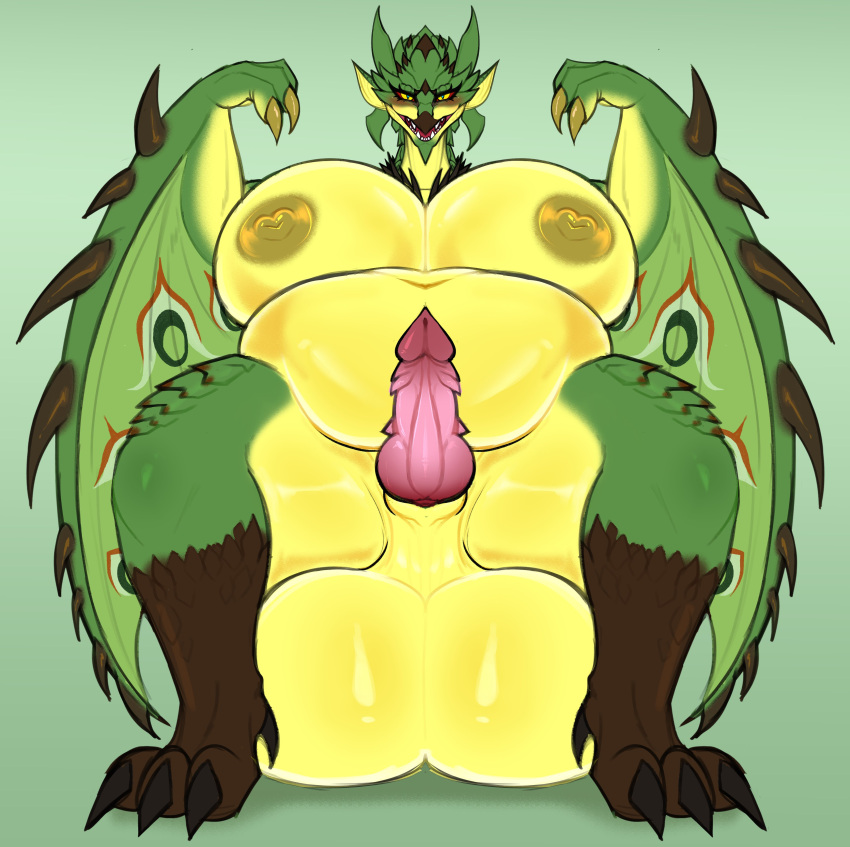 absurd_res anthro areola balls belly big_belly big_breasts breasts capcom claws curvy_figure digital_media_(artwork) dragon erection female flying_wyvern gaiki genitals gynomorph hi_res huge_breasts intersex looking_at_viewer membrane_(anatomy) membranous_wings monster_hunter nipples nude obese obese_anthro obese_female open_mouth overweight overweight_anthro overweight_female penis rath_wyvern rathian scales scalie simple_background smile solo thick_thighs voluptuous wide_hips wings wyvern