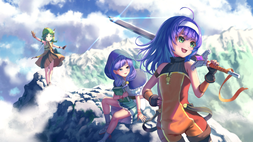 2girls aged_down ahoge bandana boned_meat book bow braid bush child cloud cloudy_sky commission fingerless_gloves fire_emblem fire_emblem:_path_of_radiance fire_emblem:_the_blazing_blade fire_emblem_heroes food gloves green_eyes green_hair hair_ribbon highres holding holding_book hood hooded_coat ilyana_(fire_emblem) legs meat mia_(fire_emblem) mountain multiple_girls nature night nzz official_alternate_costume pixiv_commission pleated_skirt purple_eyes rebecca_(fire_emblem) ribbon shoes sitting skirt sky sleeveless smile socks sword twin_braids weapon wind