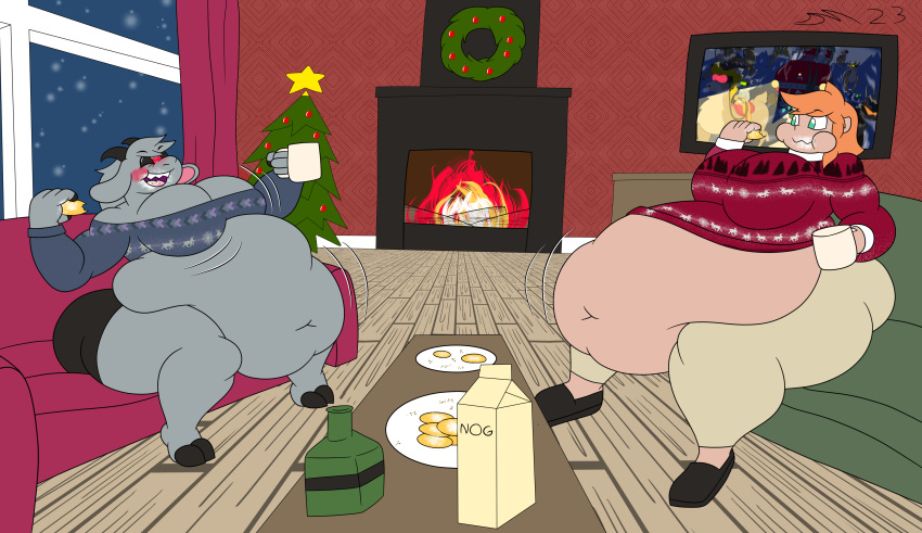absurd_res alcohol beverage bovid caprine christmas christmas_clothing christmas_decorations christmas_ornament christmas_sweater christmas_topwear clothing cookie dirtymac drunk eggnog female food goat grey_clothing grey_sweater grey_topwear hi_res holidays human hyper mammal obese obese_female overweight overweight_female red_clothing red_sweater red_topwear stuffing substance_intoxication sweater topwear weight_gain