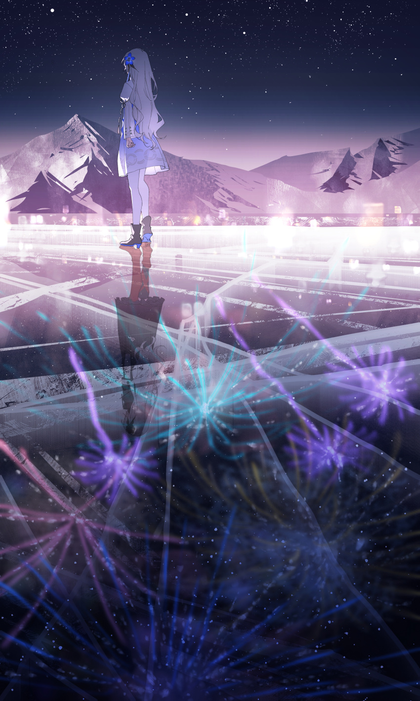 1girl absurdres black_coat blue_dress blue_flower blue_hair boots chinese_commentary coat commentary_request different_reflection dress facing_away flower full_body hair_flower hair_ornament high_heel_boots high_heels highres isekai_joucho kamitsubaki_studio long_hair mountain multicolored_hair night pantyhose red_footwear reflection sky solo standing star_(sky) starry_sky two-tone_dress two-tone_hair virtual_youtuber walluka white_dress white_hair white_pantyhose