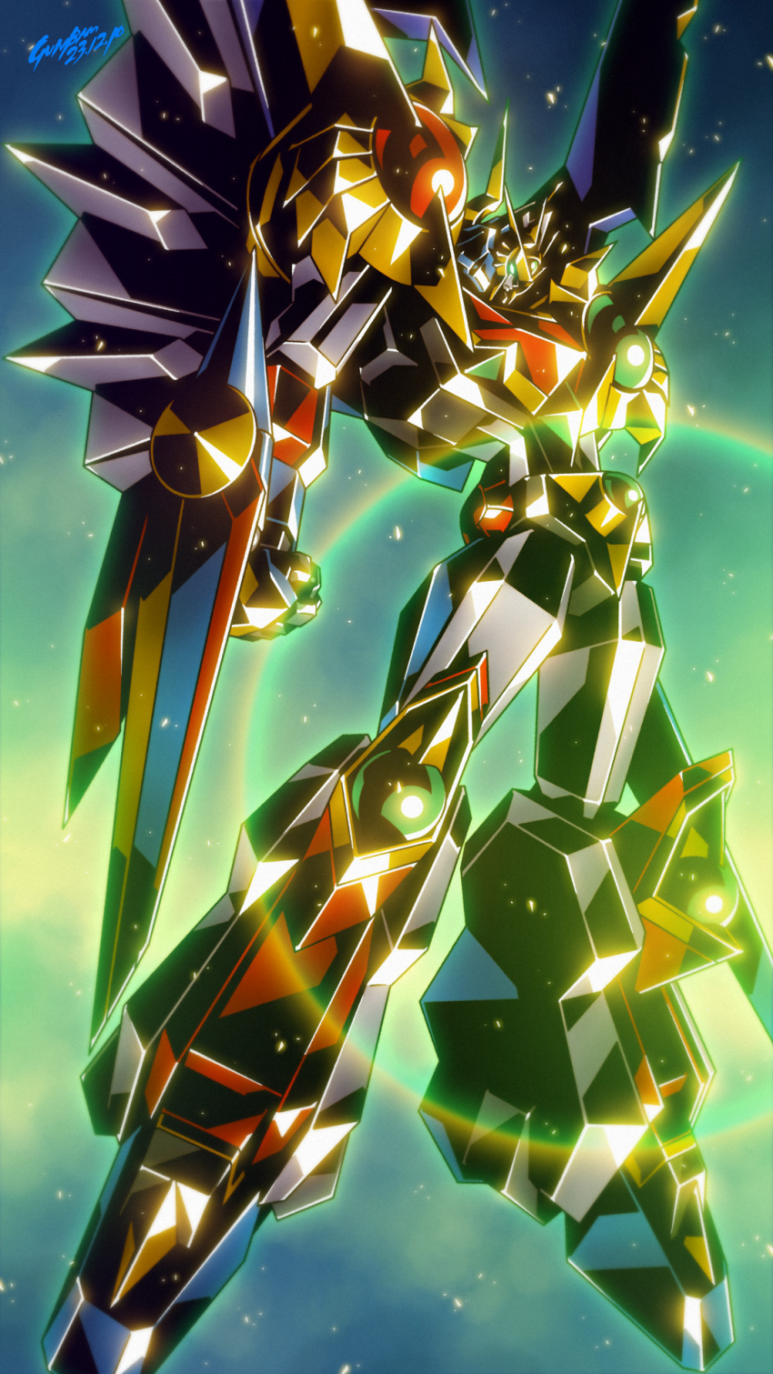 armor artist_name babamba dated dengeki_hobby eldran_series floating full_armor gattai highres kanzen_shouri_daiteio mecha no_humans perfect_daiteio_(character) robot sunrise_(company) super_robot