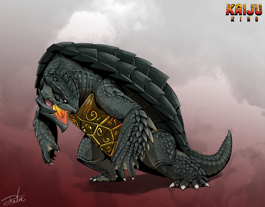 absurdres artist_name full_body gamera gamera_(series) giant giant_monster glowing glowing_mouth gugenheim98 highres kaijuu monster no_humans no_pupils nostrils open_mouth scales sharp_teeth simple_background standing tail teeth turning_head turtle turtle_shell white_eyes