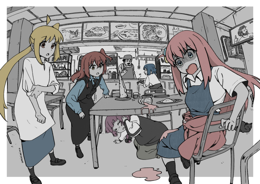 1boy 5girls absurdres ahoge all_fours amin_(aminimint) apron black_jacket black_skirt black_vest blonde_hair blue_eyes blue_hair blue_shirt bocchi_the_rock! cat chair closed_eyes clothes_around_waist collared_shirt cup dot_nose fisheye gotoh_hitori highres hiroi_kikuri ijichi_nijika indoors jacket kita_ikuyo long_hair long_sleeves mary_janes multiple_girls one_side_up open_mouth orange_eyes partially_colored pink_hair plate raised_eyebrows red_hair restaurant shaded_face shirt shoes short_sleeves side_ponytail signature sitting skirt sleeves_rolled_up socks spill standing sweat table television turn_pale under_table vest wallet white_shirt yamada_ryo yellow_eyes