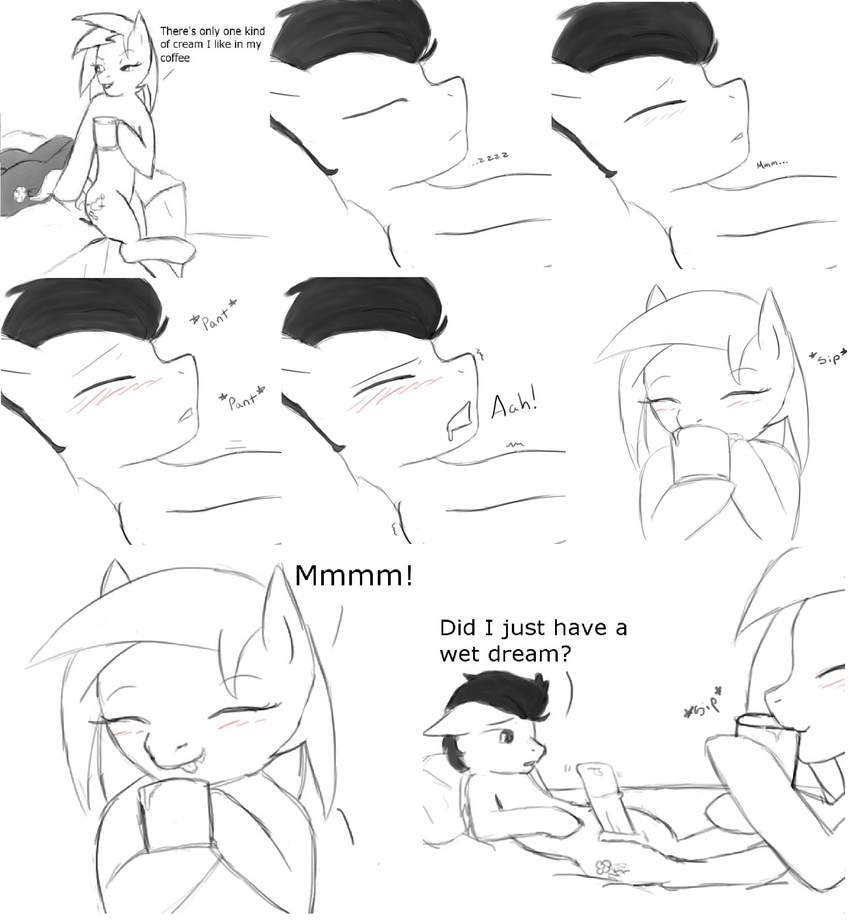 aggerey black_and_white cielo cielorey comic couple cum cute cutie_mark dialog drinking english_text equine erection eyes_closed female feral flightless horse innuendo little male mammal monochrome my_little_pony mylittepony oral original_character penis plain_background pony rey text white_background