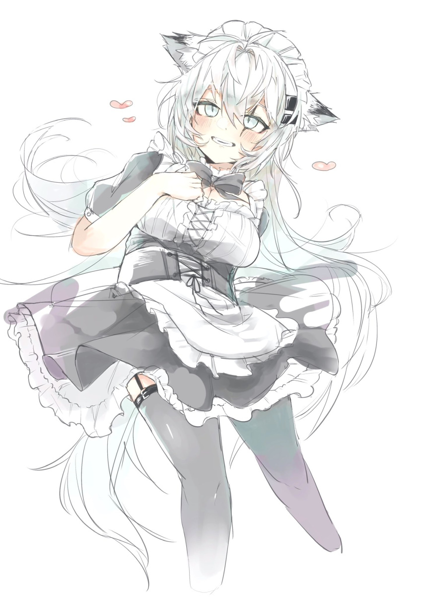 1girl alternate_costume animal_ears arknights black_thighhighs blush enmaided feet_out_of_frame garter_straps grey_eyes hair_ornament hairclip heart highres lappland_(arknights) long_hair looking_at_viewer maid messy_hair parted_lips sato_(lappysuki) scar scar_across_eye short_sleeves simple_background smile solo thighhighs white_background