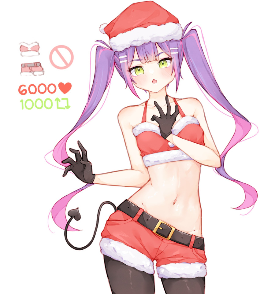 1girl bare_arms bare_shoulders belt bikini bikini_top_only black_gloves black_leggings blush center-flap_bangs christmas contrapposto demon_tail double-parted_bangs english_commentary fur-trimmed_bikini_top fur-trimmed_headwear fur-trimmed_shorts fur_trim gloves green_eyes groin hair_ornament hairclip hand_on_own_chest hat highres hololive leggings looking_at_viewer ma_draws meme midriff multicolored_hair navel pink_hair purple_hair red_bikini red_shorts santa_costume santa_hat shorts sidelocks spaghetti_strap streaked_hair swimsuit tail tokoyami_towa triangle_mouth twintails twitter_strip_game_(meme) virtual_youtuber white_background