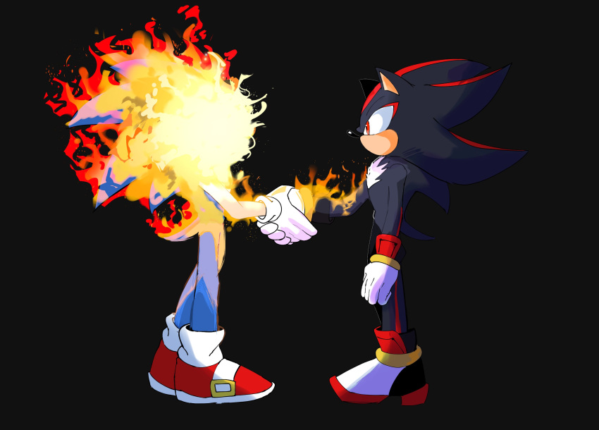2boys animal_ears animal_nose burning fire from_side full_body furry furry_male gloves handshake highres looking_at_another male_focus multiple_boys noxbw red_eyes red_footwear shadow_the_hedgehog shoes sonic_(series) sonic_the_hedgehog standing tail white_gloves