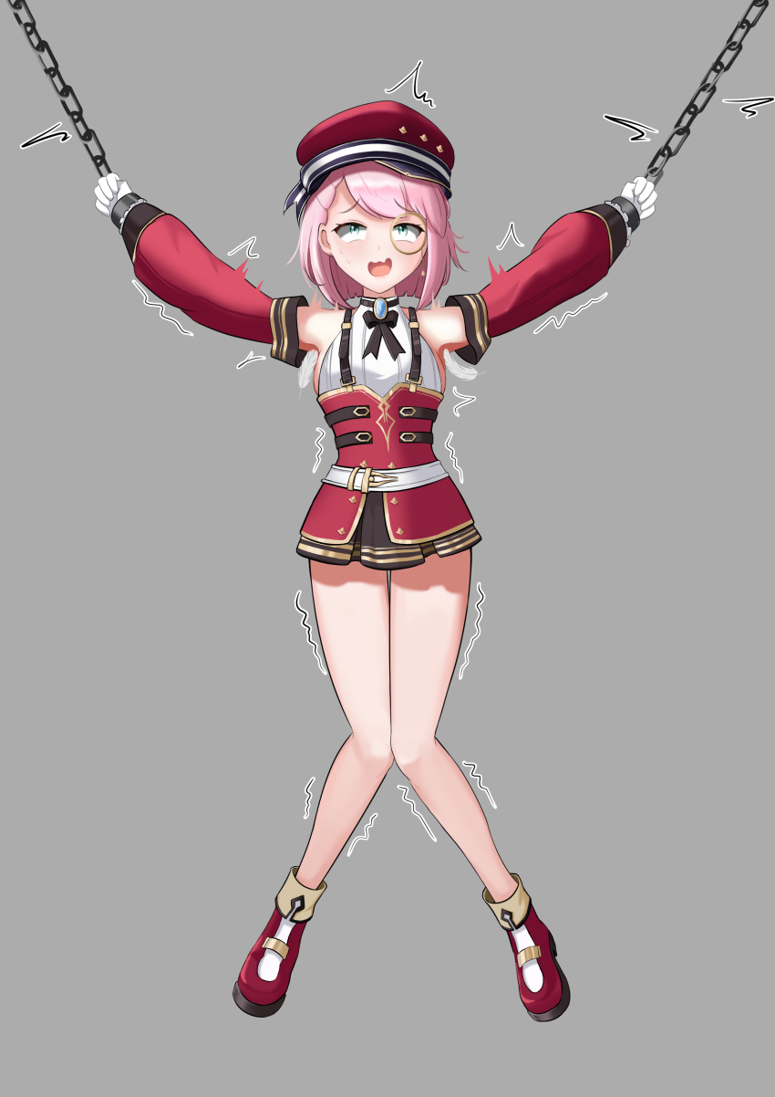 1girl absurdres armpit_tickling armpits bound bound_wrists chain charlotte_(genshin_impact) detached_sleeves feathers full_body genshin_impact gloves grey_background highres laughing miniskirt monocle open_mouth outstretched_arms pink_hair red_footwear red_headwear red_skirt restrained shirt shoes short_hair skirt sleeveless sleeveless_shirt solo spread_arms stationary_restraints thighs tickling trembling user_uvpu8244 white_gloves white_shirt