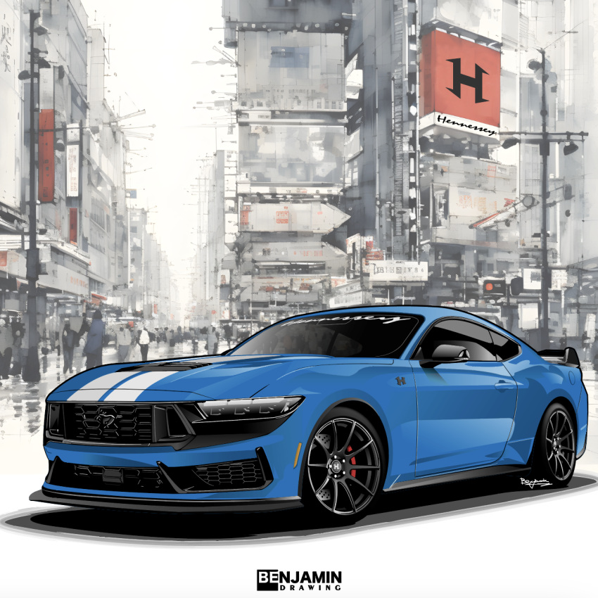 artist_name benjamin_(user_scjv3278) blue_car car city ford ford_mustang highres motor_vehicle original outdoors people race_vehicle utility_pole