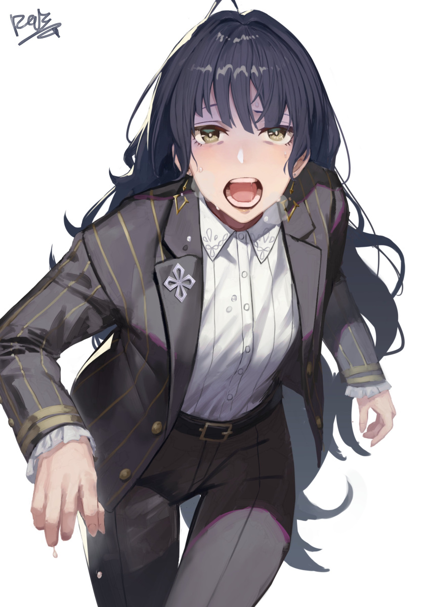 1girl absurdres black_hair blue_hair brown_eyes dark_blue_hair formal highres jewelry kashimoto_riko long_hair open_mouth peperon_(peperou) pinstripe_pattern pinstripe_shirt shirt signature simple_background solo striped suit teeth tongue umamusume white_background