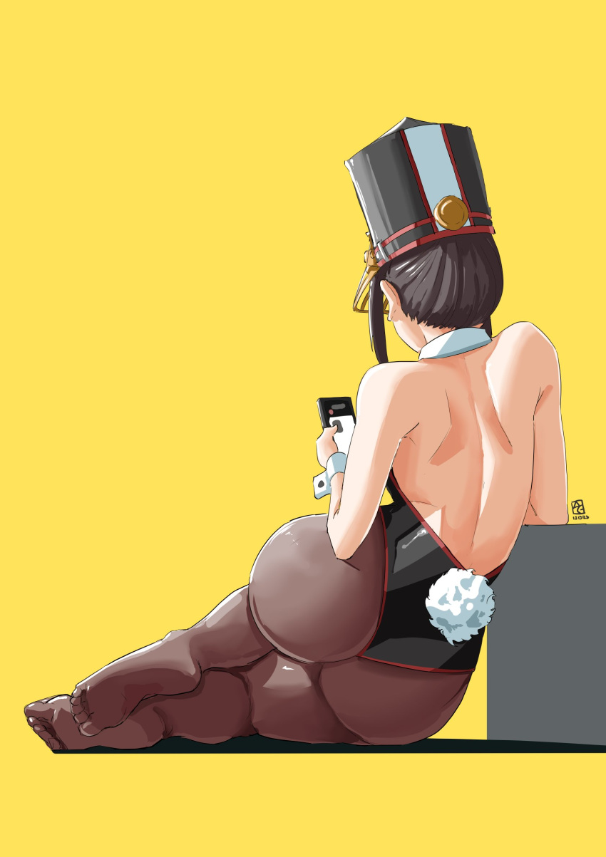1girl artist_logo ass automatic_giraffe back bare_shoulders black_hair black_headwear black_leotard cellphone commentary dated english_commentary from_behind highres holding holding_phone leotard looking_at_phone lying morag_ladair_(xenoblade) multicolored_clothes multicolored_headwear on_side pantyhose phone playboy_bunny rabbit_tail red_headwear shadow simple_background sitting solo tail toes white_headwear wrist_cuffs xenoblade_chronicles_(series) xenoblade_chronicles_2 yellow_background