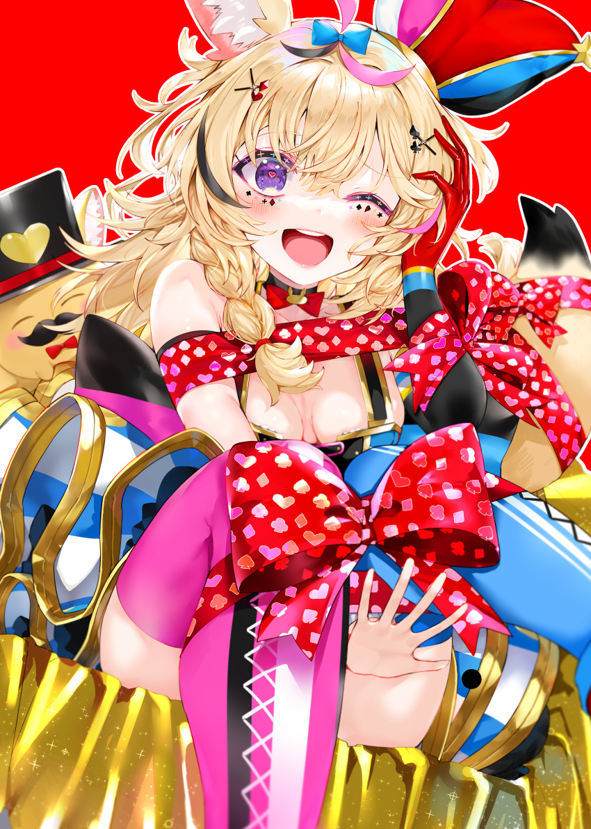 1girl ;d absurdres ahoge animal_ear_fluff animal_ears asymmetrical_legwear between_legs black_choker blonde_hair blue_bow blue_thighhighs blush bow bowtie braid breasts choker cleavage commentary_request elbow_gloves facial_mark feet_out_of_frame fox_ears fox_girl gloves hair_between_eyes hair_bow hair_ornament hand_between_legs hand_on_own_head hand_up heart heart-shaped_pupils heart_print highres hololive kou_mashiro long_hair looking_at_viewer medium_breasts mismatched_legwear multicolored_clothes multicolored_gloves omaru_polka omaru_polka_(1st_costume) one_eye_closed open_hand open_mouth pink_thighhighs playing_card_theme purple_eyes red_background red_bow red_bowtie red_gloves red_ribbon ribbon round_teeth simple_background single_braid sitting smile solo sparkle symbol-shaped_pupils teeth thighhighs thighs upper_teeth_only virtual_youtuber x_hair_ornament