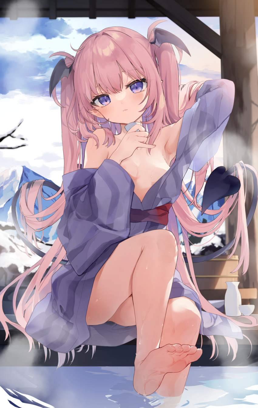 1girl alcohol bare_shoulders bat_wings bath_yukata blush bottle breasts cloud cloudy_sky cup demon_girl demon_tail drink hand_in_own_hair head_wings highres holding holding_cup holding_drink japanese_clothes kedama_milk kimono leg_up long_hair looking_at_viewer off_shoulder onsen original pink_hair pointy_ears purple_eyes sake sake_bottle sakyumama_(kedama_milk) sitting sky small_breasts solo steam tail twintails water wet wings yukata