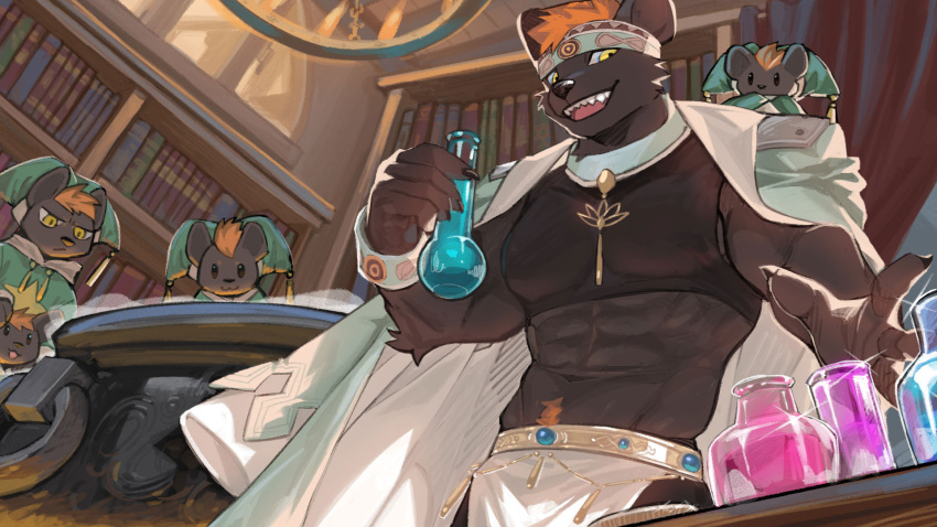 16:9 anthro book claws fingers group hi_res holding_object hyena kemono kun_blackcat male mammal muscular muscular_anthro muscular_male open_mouth open_smile smile widescreen yellow_eyes