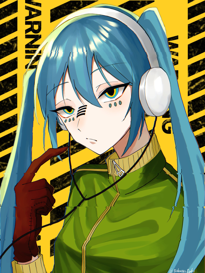 1girl absurdres aqua_eyes aqua_hair brown_gloves closed_mouth commentary facial_mark glitch gloves green_jacket hair_between_eyes hatsune_miku headphones highres jacket long_hair looking_at_viewer matryoshka_(vocaloid) pointing pointing_at_self solo tsukuno_tsuki twintails upper_body vocaloid