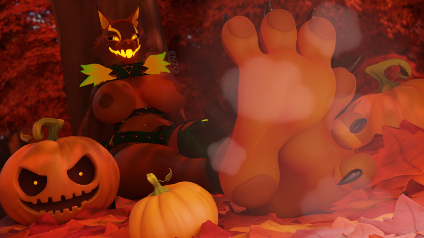 16:9 3d_(artwork) anklet anthro areola armor autumn autumn_leaves barefoot big_breasts bigdogenzo black_claws blender_(software) breasts brown_areola brown_body brown_nipples canid canine canis claws clothing digital_media_(artwork) epic_games feet female food foot_fetish foot_focus forest fortnite fruit fur fur_trim_(clothing) glowing glowing_eyes glowing_mouth holidays jack-o'-lantern jewelry leaves_on_ground leg_armor mammal multicolored_body musk_clouds nipples nude orange_body outside pack_leader_highwire pawpads paws plant plantigrade pumpkin smile solo steam steamy_feet toes tree two_tone_body two_tone_feet widescreen wolf
