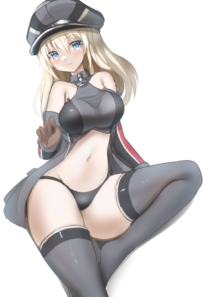 1girl armor bismarck_(kancolle) black_panties blonde_hair blue_eyes breastplate breasts detached_sleeves grey_thighhighs hat highres kantai_collection looking_at_viewer medium_breasts military_hat military_uniform one-hour_drawing_challenge open_clothes panties peaked_cap redundant-cat simple_background solo thighhighs underwear uniform white_background