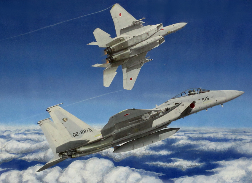 aim-9_sidewinder aircraft airplane cloud condensation_trail day f-15_eagle fighter_jet flying helmet japan_air_self-defense_force japan_self-defense_force jet mick_(m.ishizuka) military military_vehicle missile no_humans number original pilot realistic sky