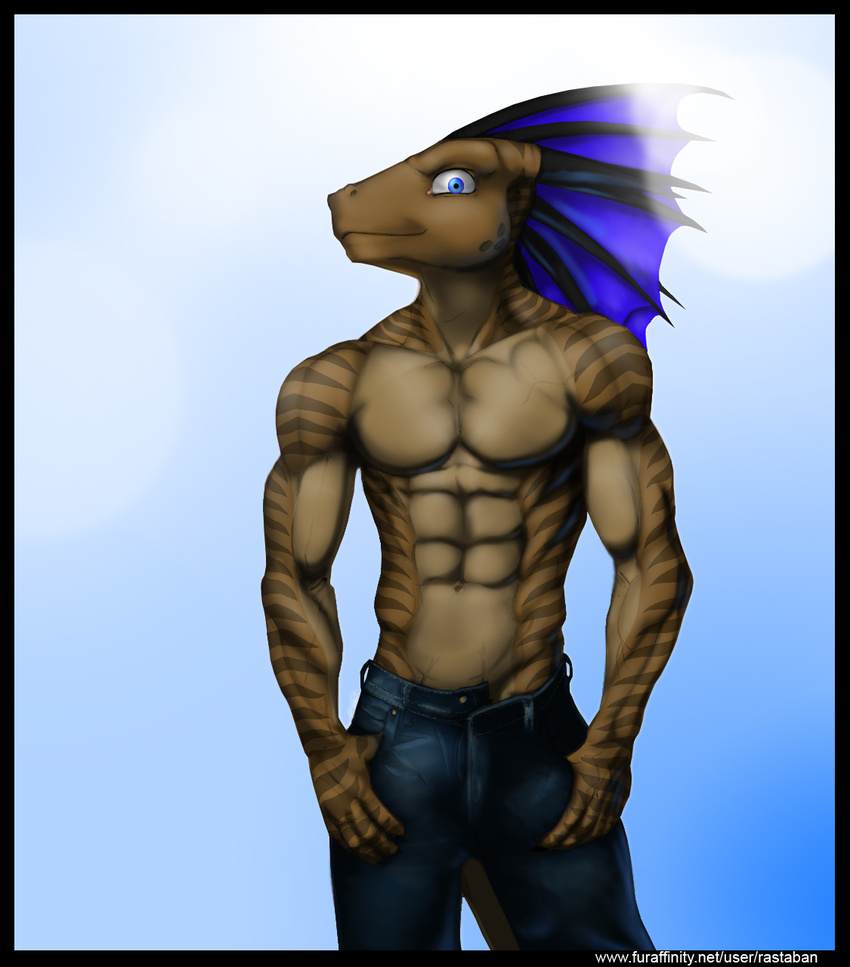 anthro biceps blue blue_eyes blue_skin body_markings brown brown_body brown_skin clothed clothing dragon eye fin fins grin half-dressed horn jeans jeas male markings muscles pants pecs plain_background pose rastaban rastaban_(character) reptile scales scalie skin smile solo standing stripes toned topless vein