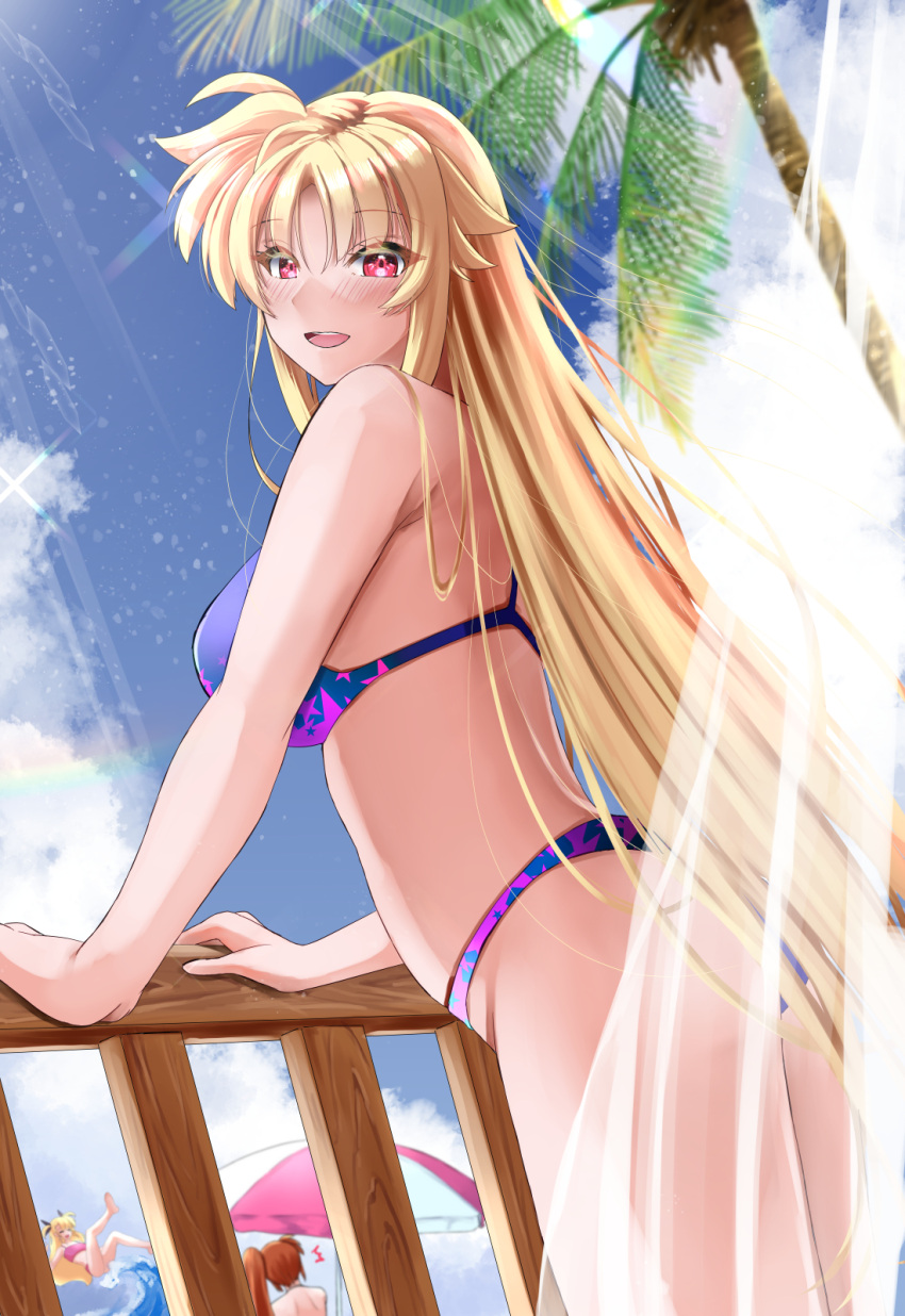 1girl :d bare_arms bikini blonde_hair blue_bikini blue_sky blush day fate_testarossa from_side hair_between_eyes highres long_hair looking_at_viewer lyrical_nanoha mahou_shoujo_lyrical_nanoha_strikers open_mouth outdoors palm_tree red_eyes sky smile solo_focus sougetsu_izuki straight_hair summer sunlight swimsuit takamachi_nanoha tree very_long_hair vivio