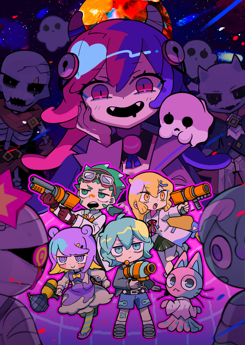 3boys 3girls amoeba anemone_(goonya_monster) animal animal_ears aqua_eyes aqua_hair bags_under_eyes bandaid bandaid_on_leg belt blonde_hair bomb bow bowtie cat_ears dress explosive eyewear_on_head fangs ghost goonya_monster goonyan_(goonya_monster) green_eyes green_hair gun hair_ornament hairclip handgun highres holding holding_weapon multicolored_hair multiple_boys multiple_girls mummy octo_(goonya_monster) official_art open_mouth orange_eyes orange_hair pink_eyes pink_hair pirarucu_(goonya_monster) planet ponytail promotional_art purple_bow purple_eyes purple_hair purple_theme red_ribbon ribbon sandals shoes shorts shotgun skeleton sky snail_(goonya_monster) space star_(sky) starry_sky striped striped_thighhighs tentacles terada_tera thighhighs toad_(goonya_monster) two-tone_hair vampire weapon yandere yellow_bow