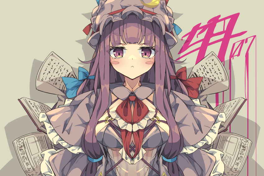 1girl :&lt; blue_bow blue_ribbon blunt_bangs blush book bow breasts capelet cleavage_cutout clothing_cutout commentary_request crescent crescent_hat_ornament dress facing_viewer frilled_capelet frilled_dress frills grey_background hat hat_ornament hat_ribbon highres long_hair looking_at_viewer medium_breasts mob_cap neck_ribbon paper patchouli_knowledge purple_dress purple_eyes purple_hair purple_headwear red_bow red_ribbon ribbon robe sidelocks simple_background solo touhou upper_body woruta_(soloistlist)