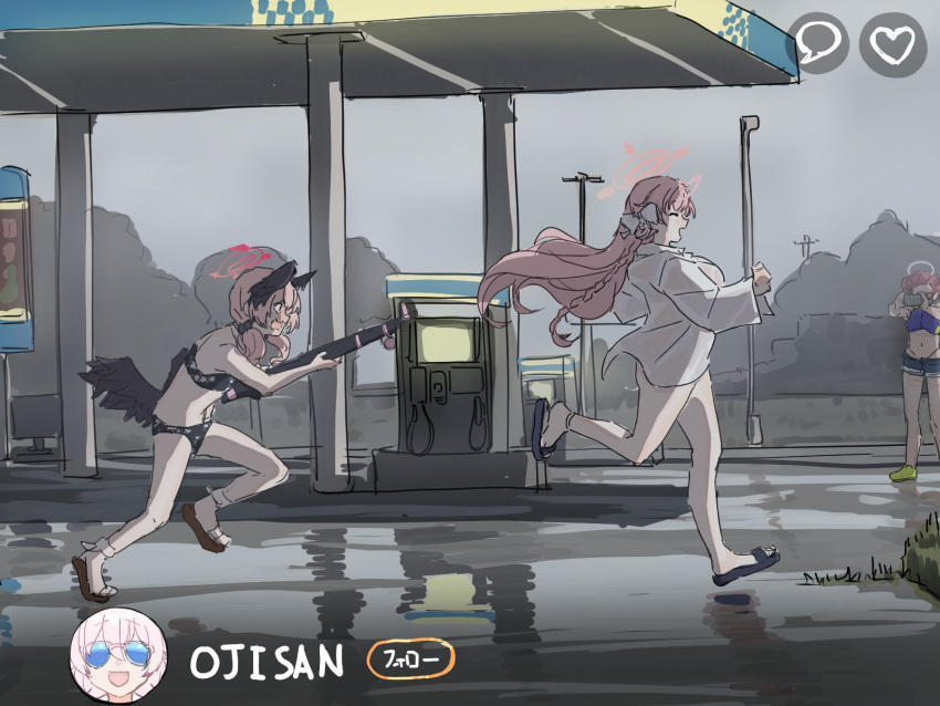 4girls bikini black_bikini black_wings blue_archive braid clich51368861 feathered_wings floral_print front-tie_bikini_top front-tie_top full_body gas_station grand_theft_auto grand_theft_auto_vi gun halo hanako_(blue_archive) hanako_(swimsuit)_(blue_archive) head_wings highres holding holding_gun holding_weapon hoshino_(blue_archive) hoshino_(swimsuit)_(blue_archive) koharu_(blue_archive) koharu_(swimsuit)_(blue_archive) low_twintails low_wings multiple_girls official_alternate_costume oversized_clothes oversized_shirt pink_hair pink_halo print_bikini running shirt side_braid slippers sunglasses swimsuit tinted_eyewear twintails weapon wings