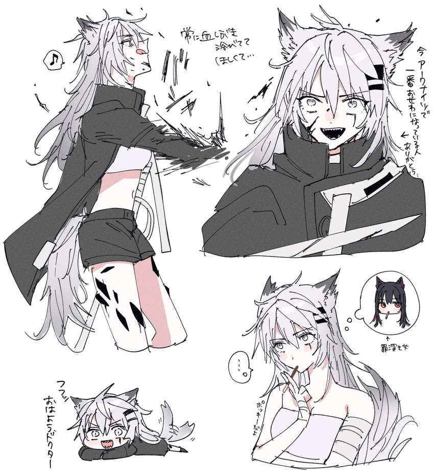 ... 2girls :d animal_ears arknights bandaged_arm bandages bandeau black_coat black_shorts chibi coat crop_top food grey_eyes grey_hair hair_ornament hairclip highres lappland_(arknights) long_hair looking_at_viewer multiple_girls multiple_views nasu_bacon open_mouth oripathy_lesion_(arknights) pocky scar scar_across_eye sharp_teeth shorts simple_background sketch smile solo_focus spoken_ellipsis tail teeth texas_(arknights) thought_bubble white_background white_bandeau