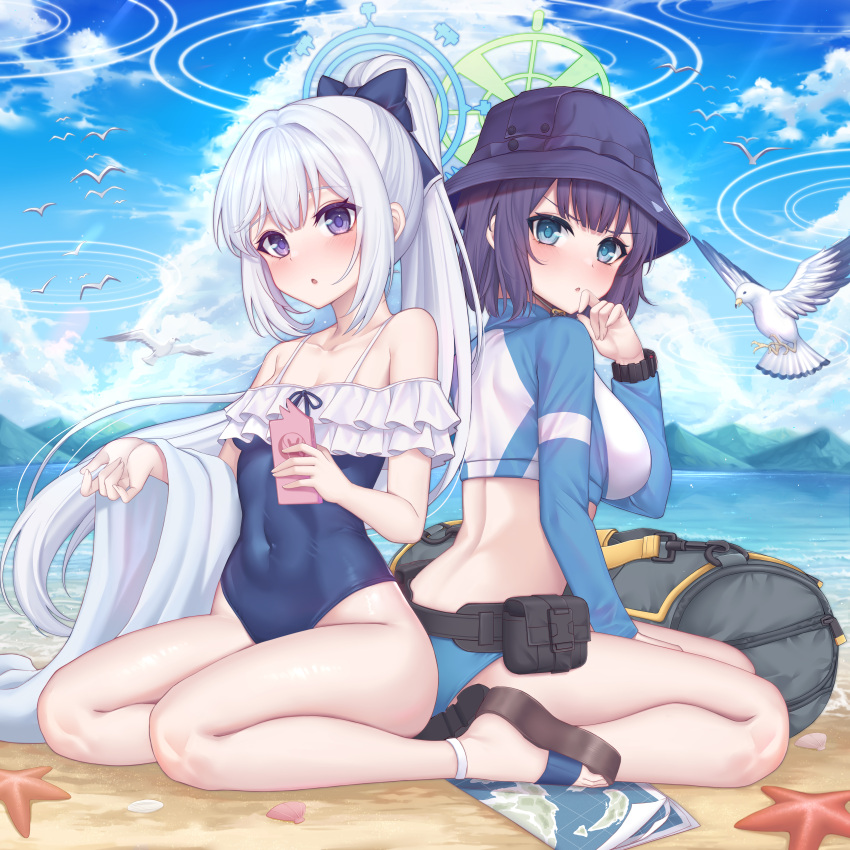 2girls absurdres animal bare_legs bare_shoulders beach bikini bird black_hair black_headwear blue_archive blue_bikini blue_halo blue_one-piece_swimsuit blush breasts chinese_commentary collarbone commentary_request day feet frilled_one-piece_swimsuit frills green_eyes green_halo grey_hair gu_li hair_between_eyes halo hat highres large_breasts legs long_hair long_sleeves mixed-language_commentary miyako_(blue_archive) miyako_(swimsuit)_(blue_archive) multiple_girls ocean off-shoulder_one-piece_swimsuit off_shoulder official_alternate_costume one-piece_swimsuit outdoors parted_lips partial_commentary ponytail purple_eyes raglan_sleeves rash_guard saki_(blue_archive) saki_(swimsuit)_(blue_archive) sandals seagull short_hair small_breasts starfish swimsuit toes